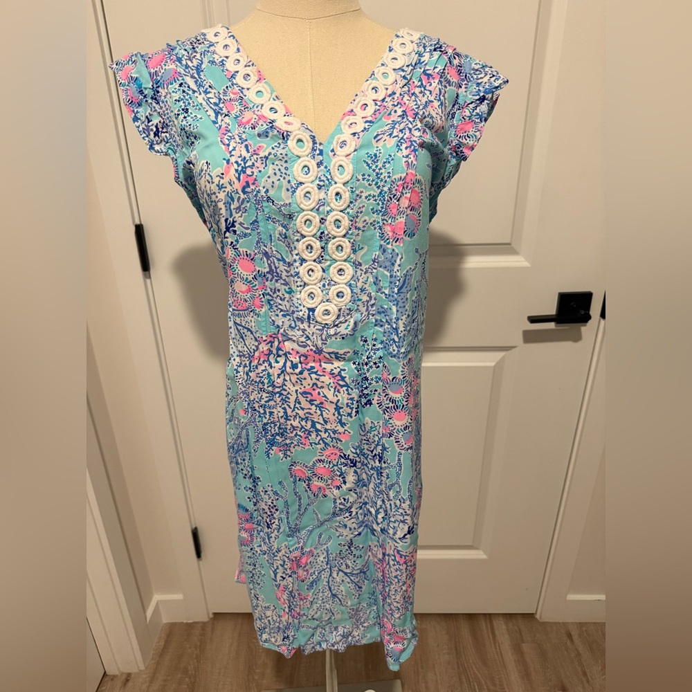 Lilly Pulitzer Aqua Blue Pink Coral Print V-Neck Dress